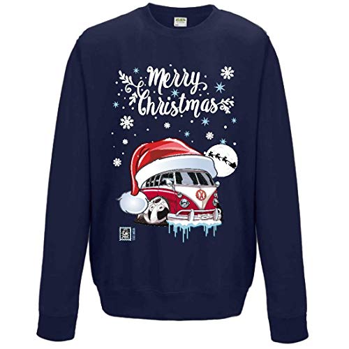 Premium Koolart Christmas Santa Hat Design with Retro Campervan Camper Van car Image Mens Navy Xmas Jumper Sweatshirt top (Small 36" Chest)