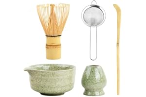 MAPILLE 5 Pzs Matcha Set Te Matcha Kit Juego Completo de Ceremonia Matcha Japonés con Batidor Bambu Té Matcha Porta Batidor Cuenco de Matcha de Cerámica Cuchara de Té para Matcha Tradicional (Verde profundo)