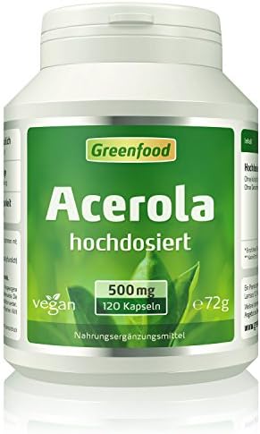 Greenfood - Acerola concentrate, 500 mg, 120 capsules, vegan - natural vitamin C bomb, important for immune system, cell protection, skin, bones &amp; joints. NO artificial additives. Non-GMO. Vegan.
