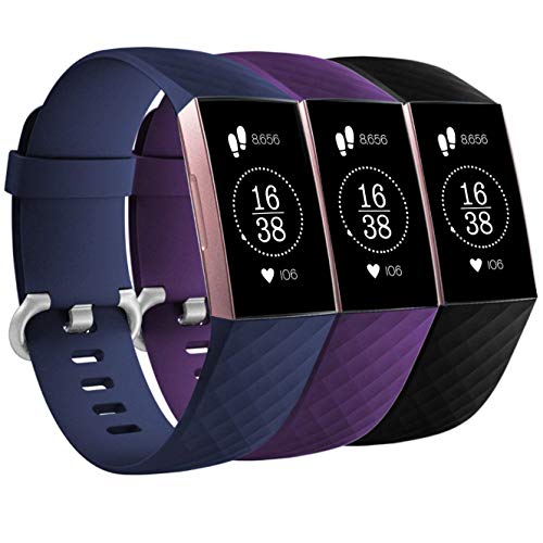 All Things Accessory Fitbit Charge 3 Strap Band (3 Pack), Replacement Silicone Sport Wristband for The Fitbit Charge 3 Men Women (Black/Blue/Purple, Small (2cm x 23cm))