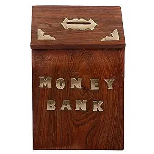 V P J Piggy Bank for Adults Wooden Money Bank Coin Box for Kids with Lock Gifts for Boys, Girls & Adult Crafted (15 x 15 x 20 cm, Brown) (13 x 13 x 18, Brown)