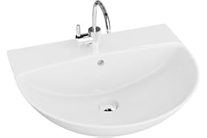 LAVITA Lavabo sospeso Corel, lavabo sospeso, lavabo rotondo, lavabo con troppopieno e foro per rubinetto, ceramica di alta qualità, bagno, 56 x 47 x 19 cm, bianco lucido