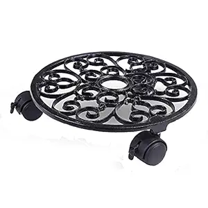 Sharpex Caddy Iron Dolly on Round Rack Rustproof Sturdy Metal Potted Indoor Outdoor Plant Stand/Trolley Casters with Rolling Wheels for Garden and Home- 1 PC- Black