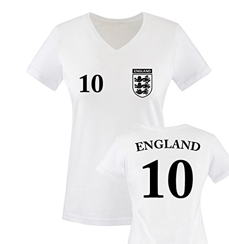 EM 2016 – TRIKOT – EM 2016 – ENGLAND – 10 – Damen V-Neck T-Shirt – Weiss / Schwarz Gr. L