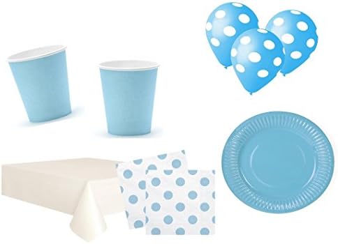 Party Set Party Dishes White/Light Blue 20 Pieces 12 Person Plates Cups Serviettes Birthday Set Barbecue Party Complete Party Supplies Pack