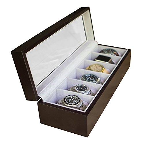 Solid Espresso Wood Watch Box Organizer with Glass Display Top by Case Elegance