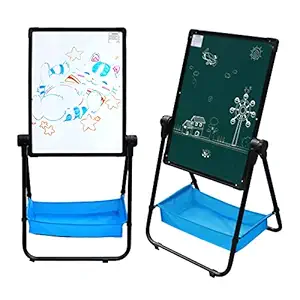 KIDS WONDER Kids Easel Board Double Sided Drawing Board for Kids Height Adjustable Folding Magnetic Whiteboard 360 Degree Rotating Kids Table (Black)