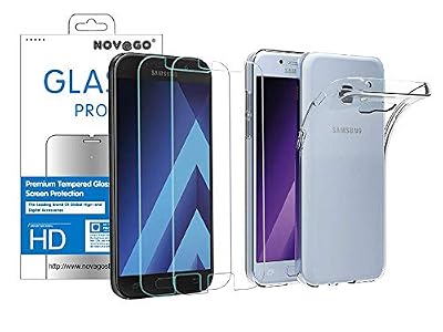 Novago Pack (2 en 1) Compatible avec Samsung A3 2017 A320 1 Coque Souple et Solide Transparente + 2 Films Verre trempé résistant (Films Plus Petits Que l'écran) (Transparente)