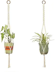 Top Knot Macrame Woven Plant Hanger -Boho Chic Plant Hanging Planter Holder Stand for Flower Pots Vases Indoor Outdoor Art D