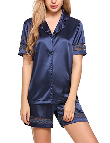 Preisvergleich Produktbild Ekouaer Damen Satin Schlafanzug Kurzarm Zweiteiliger Satin Pyjama Hausanzug Knöpfen