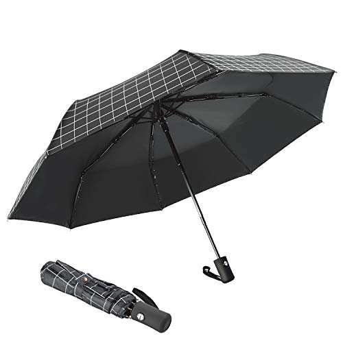 Ombrello pieghevole compatto ad asciugatura rapida di Cynthia,Resistente alla pioggia con 8 costole rinforzate Telaio antivento,apertura/chiusura automatica,ombrello Anti-UV ad UPF 50+(Plaid nero)