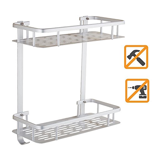 Swallowzy Kein Bohren Badezimmer Regal, haltbares Aluminium Sticky Regal Dusche Lagerung Handtuch Wandhalterung Regal Dusche Caddy Regal Storage Rack Corner Shampoo Korb-Halter mit Haken, Style B 2 Tier