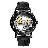 Mechanische Herrenuhr Wasserdicht Lederband Leuchtend Schwungrad hohl Herren Business Watch Zubehör ansehen Mechanische Uhr,Black