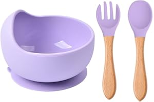 VergilSon Baby Feeding Bowl, Food Grade Silicone Suction Cup Bowl and Wooden Spoon Fork Set Waterproof Non-Slip with Stay Put Silicone Suction Ring, Gift for Toddler Children Girls Boys (Purple)