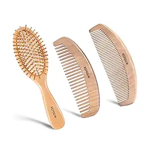 3PCS Wooden Hair Brush Wooden Comb, Wooden Brush with Silicone Massage Air Cushion, Anti-Static & No Snag Eco-Friendly Wood Hairbrush Wooden Comb for Men Women Curly Dry Hair Types Gift Kit by KEPCSIN