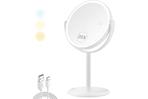 MIYADIVA Miroir grossissant Lumineux, Miroir Maquillage Lumineux, x20 LED Trois lumières colorées, miroirs Coiffeuse avec éclairage réglable, Bureaux