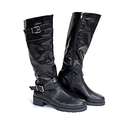 Botas Mujer Altas Zápatos de Tacon Planas Invierno Cremallera Ancho hasta la Rodilla Boots Equitacion Hebilla Plataforma Block 4.3cm Negro EU37