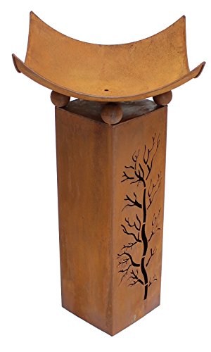 Frank Flechtwaren, 229513: Metall-Deko-Säule ‚Feuerschale‘ (2-teilig) lackiert in schimmerndem Braunton mit trendiger Rost-Optik und aufwändiger Baumausstanzung (Gesamthöhe: 75cm) - 3