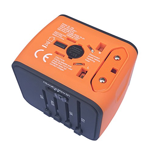 yugee® Modelo 2016 toma de viaje adaptador Universal Adapteur internacional con 2 USB, Adapteur Cargador USB con protección contra cortocircuitos y de tensión 100% seguro para más de 160 Países, EU UK USA Australia Japón China Brasil Argentina etc. Color Naranja con compartimento donnée - Imagen 5