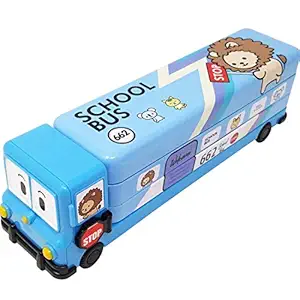 KRH Store Multicolour Cartoon Printed School Bus Metal Pencil Box with Moving Tyres and Sharpner for Kids (Blue)