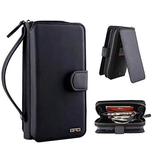 5.5"iPhone 7/8 Plus Bolso de la Caja, Funda con Cremallera y Cremallera de Cuero Genuino con Ranuras para Tarjetas de crédito y Funda extraíble magnética para iPhone 7/8 Plus (Negro)