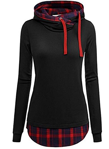 Preisvergleich Produktbild hippolo Damen Kapuzen Sweatshirt Lange Ärmel shirtschreag Halsband kariert Pullovershirt Longsleeve schwarz XL