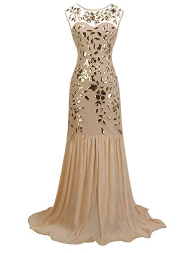 FAIRY COUPLE 1920s Floor Length Sequined V-Neck Flapper Party Maxi Dress Long Prom Cocktail(M,Champagne Gold)