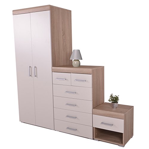 3 Piece Bedroom Set 4+2 Chest of Drawers Bedside Table & Wardrobe White & Sanoma Oak