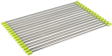 Dish Drying Rack Stainless Steel Roll-Up Detachable Over Sink Easy Cleaning, 9.4* 15.7 inch, Green and Silver