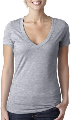 Next Level Apparel Ladies Juniors CVC Deep V-Neck T-Shirt 6640 Heather Grey -  Grey - 