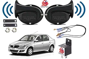 SHOP4U Square Shape Car Windtone Horn with Raley and Wire for Renault Logan (Set of 2 Horn with Relay and Wire, Black)