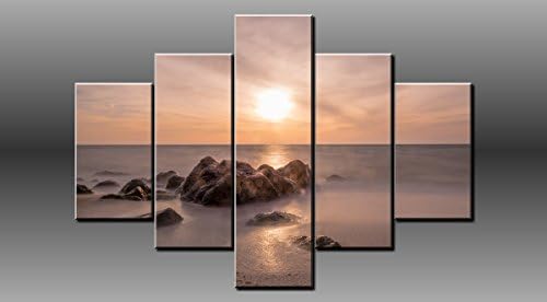 LARGE SEASCAPE BEACH ROCK SUNSET CANVAS WALL PICTURE SPLIT MULTI 5 PANELS SET BY FLASH ART 40" X 28" 0031