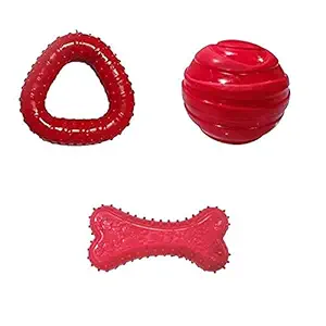 Woofy Dog Rubber Chew Toy Combo (Red Ball + Red Triangle + Red Bone) - Combo of 4