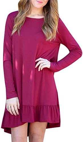 AEROBIC Womens Long Sleeves Casual Ruffle Hem Loose Tunic Blouse T-shirt Dresses Burgundy Medium
