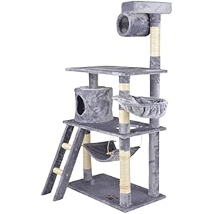 Limal VTS16_KB141_Hellgrau Katzenkratzbaum, 140 x 105 x 69 cm, Holz Höhle Hängematte Liegemulde Sisalsäulen, hellgrau