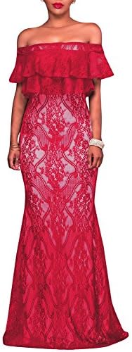 Synker Women's Off Shoulder Ruffle Floral Lace Evening Formal Bodycon Maxi Dress
