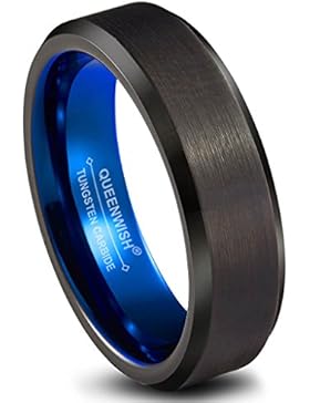 Queenwish WolframKarbid Trauringe Blau Schwarz Gebürstet Poliert Verlobungsring Herren Damen Schmuck mit Kästchen