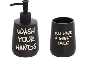 Inbagno Set Dispenser Sapone Liquido e portaspazzolino in Ceramica Nero con Stampe a Contrasto Moderno