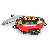 Klarstein Tafelrunde - Appareil de cuisson 2 en 1, Hot pot, Plaque de cuisson, Gril de 22 cm de diamètre, Revêtement anti adhésif, 600 watts, Nettoyage rapide, Rouge