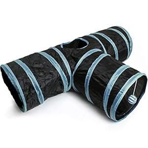 igadgitz Home U6979 – Túnel para Gatos Plegable con Tres vías Túnel Conejo Juego para Gatos Interactivo con Pelota Colgante – Hogar/Exterior – Negro/Ribete Azul