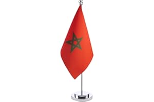 HOLLYLIFE Drapeau Maroc de Table avec Mât en Métal Petit Drapeaux Marocain de Bureau Drapeaux de Bureau 21 x 14 cm et Support pour Mât Hauteur 30cm pour Bureau Maison Conférences Festival Célébration