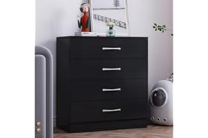 Songtree Chest of Drawers 3/4/5 Drawer with Metal Handles and Runners Bedside Table Cabinet Storage for Bedroom Living Room Furniture (4 Drawer, Black)