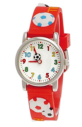 Pure Time Kinderuhr Kinder Jungen Mädchen Silikon Armband Uhr mit 3D Fußball Motiv Lernuhr in Rot Weiß Schwarz Blau inkl. Uhrenbox