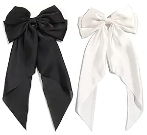 Ash & Roh Big Satin Layered Hair Bows for Women Girls 11 Inch Barrette Hair Clip Long Black Ribbon Bows French Style Hair Accessories (Black,White)