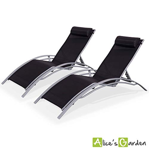 Alice's Garden - Pareja de 2 tumbonas de Aluminio Gris y textileno Negro - Louisa