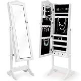 Deuba Schmuckschrank mit Spiegel weiß, stehend & abschließbar Standspiegel Schmuckkasten Spiegelschrank, 154x40x40cm