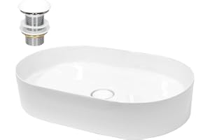 ECD Germany Waschbecken Waschtisch 605x380x125 mm Keramik Oval Weiß inkl. Ablaufgarnitur für Waschbecken ohne Überlauf Aufsatzbecken Aufsatzwaschbecken Aufsatzwaschtisch Waschschale Spülbecken Becken