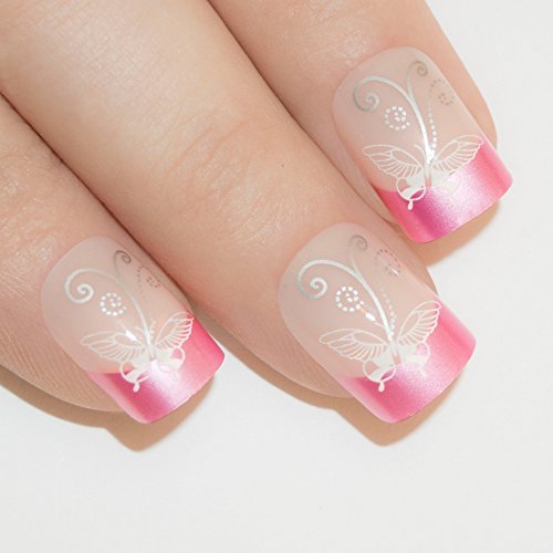 Bling Art False Nails French Fake Pink Butterfly Squoval 24 Acrylic Medium Tips