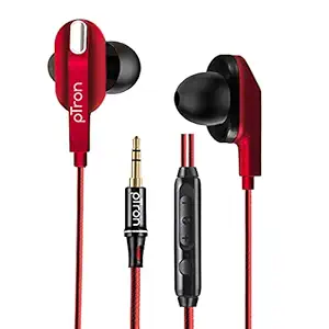 pTron Boom Lite in Ear Wired Earphones with Stereo Sound, Dual Drivers, Ergonomic & Secure-fit, 1.2M Tangle-Free Braided Cable, Gold-Plated 3.5mm Audio Jack, with Mic & Volume Control (Red)