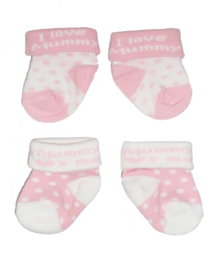Baby Girls Cute Socks 2 Pairs - Pink & White 'I Love Mummy' (Newborn - UK 0-0)